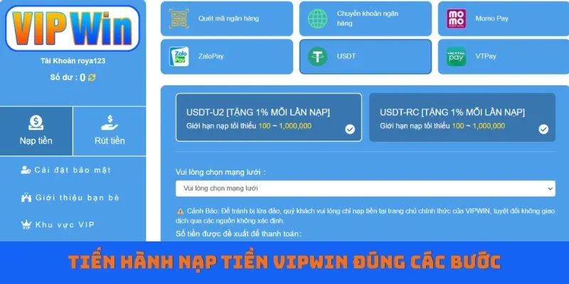 Tiến hành nạp tiền Vipwin đúng các bước